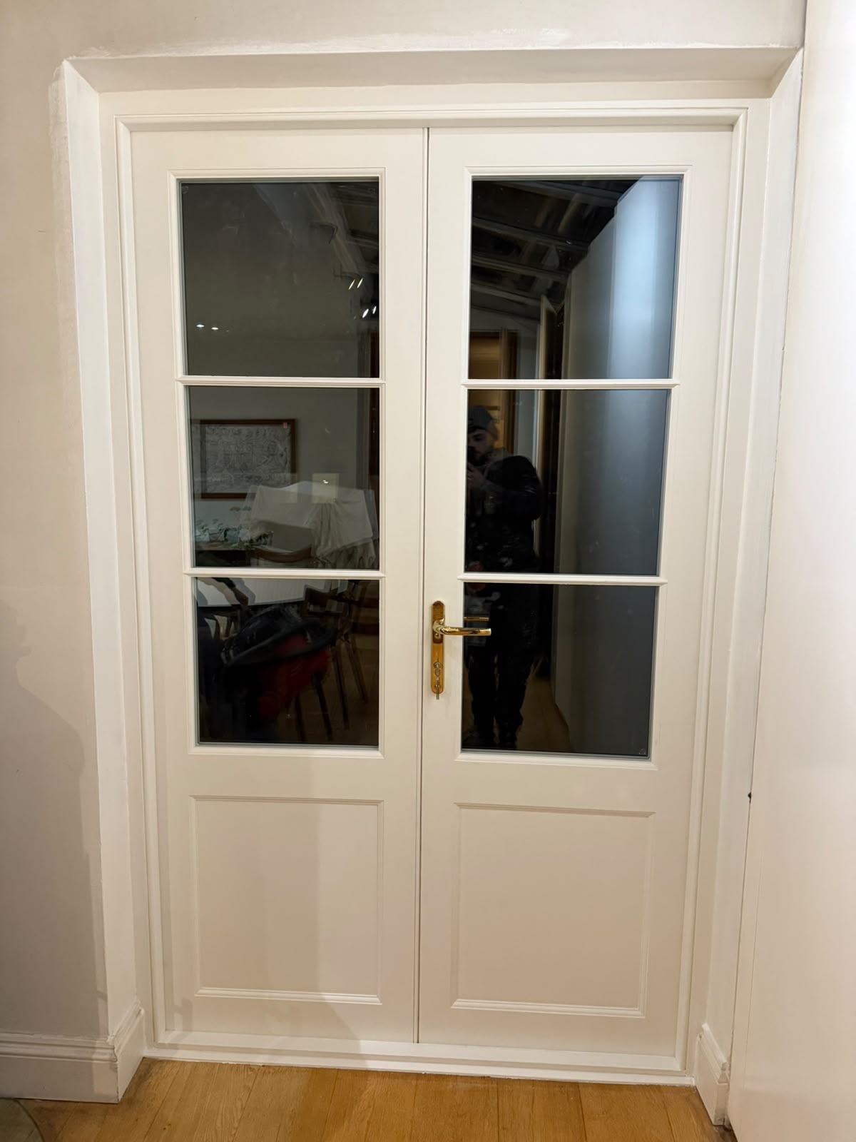 Internal glazed panelled double doors with a brass handle